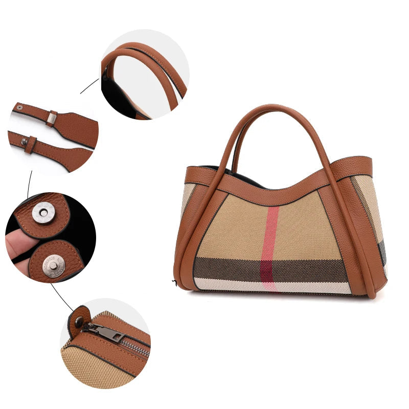 Aidrani Nova bolsa feminina de alta capacidade, design xadrez, materiais de lona e couro, cor caramelo