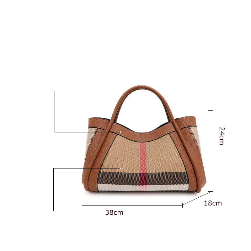 Aidrani Nova bolsa feminina de alta capacidade, design xadrez, materiais de lona e couro, cor caramelo